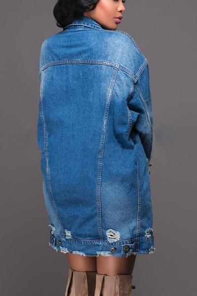 Women Plus Size Mid-Length Ripped Denim Trench Coat Xl 5