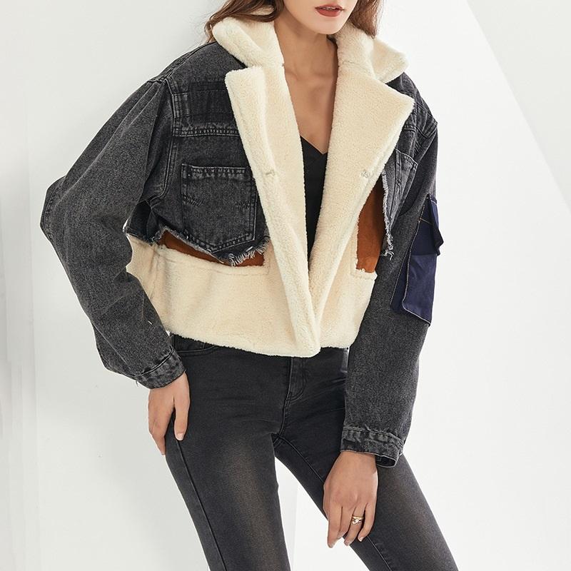 Plush Thick Denim Stitching Lamb Fur Lapel Cotton Jacket - Black Xl
