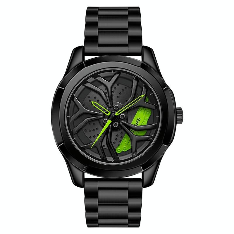 Men Casual Steel Band Quartz Watch - P1065 Wheel Series - Black Green