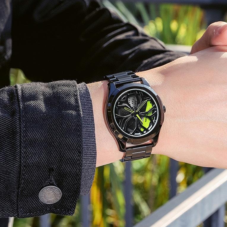 Men Casual Steel Band Quartz Watch - P1065 Wheel Series - Black Green 8