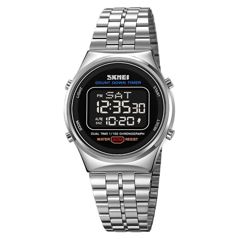 Waterproof Multifunctional Men Digital Watch - Luminous Stainless Steel - 30m - Silver White
