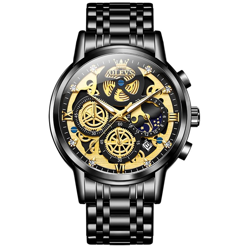 Waterproof Multifunctional Men Quartz Watch - Hollow Design - Black