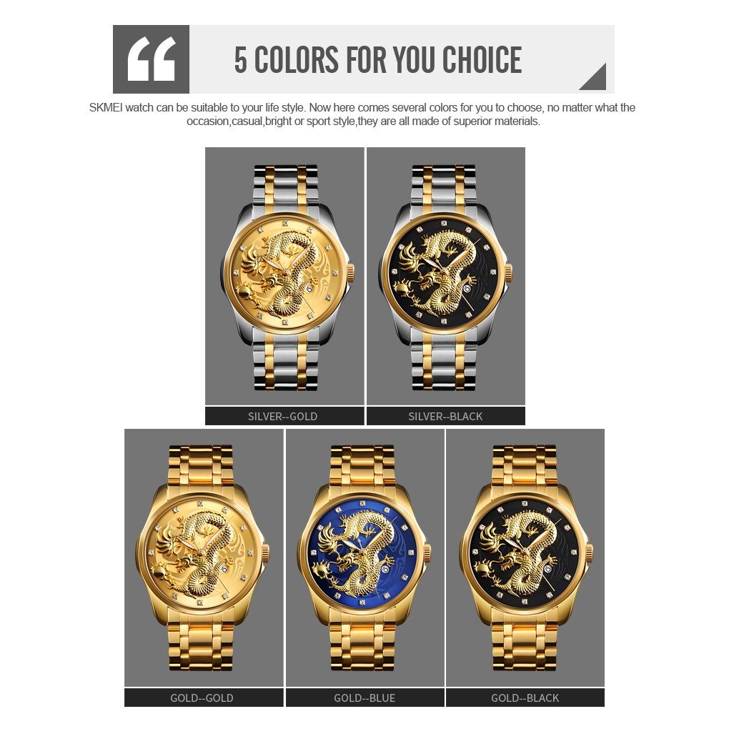 Men Golden Dragon Calendar Dial Quartz Watch with Luminous Hands - Gold Black 3
