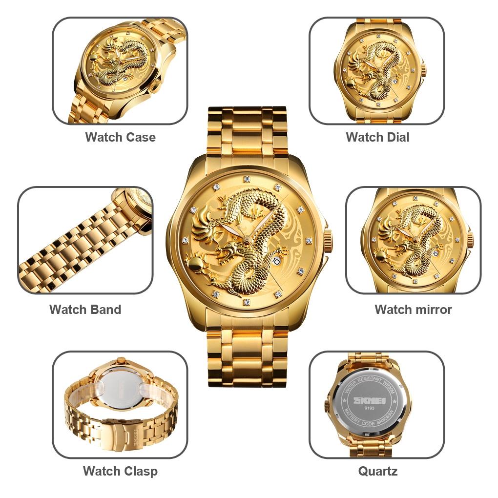 Men Golden Dragon Calendar Dial Quartz Watch with Luminous Hands - Gold Black 5