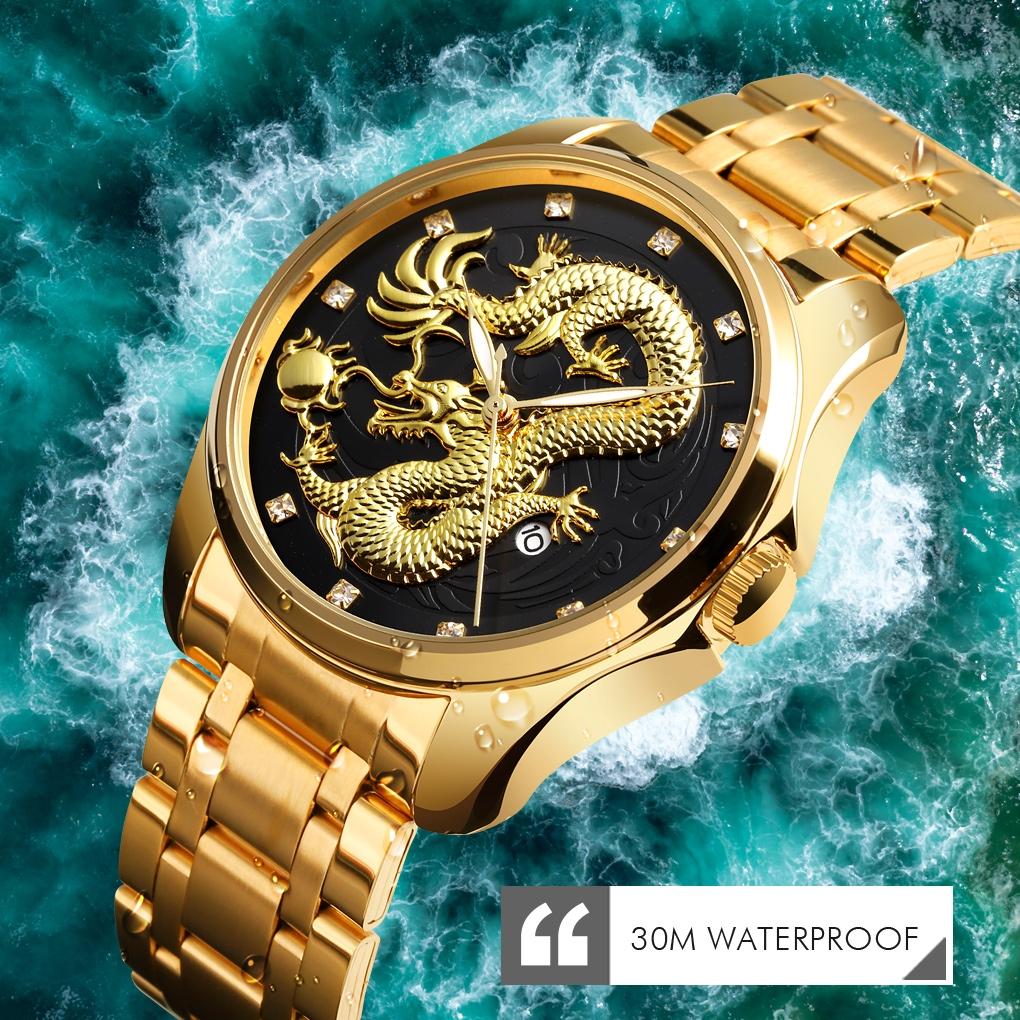 Men Golden Dragon Calendar Dial Quartz Watch with Luminous Hands - Gold Black 6