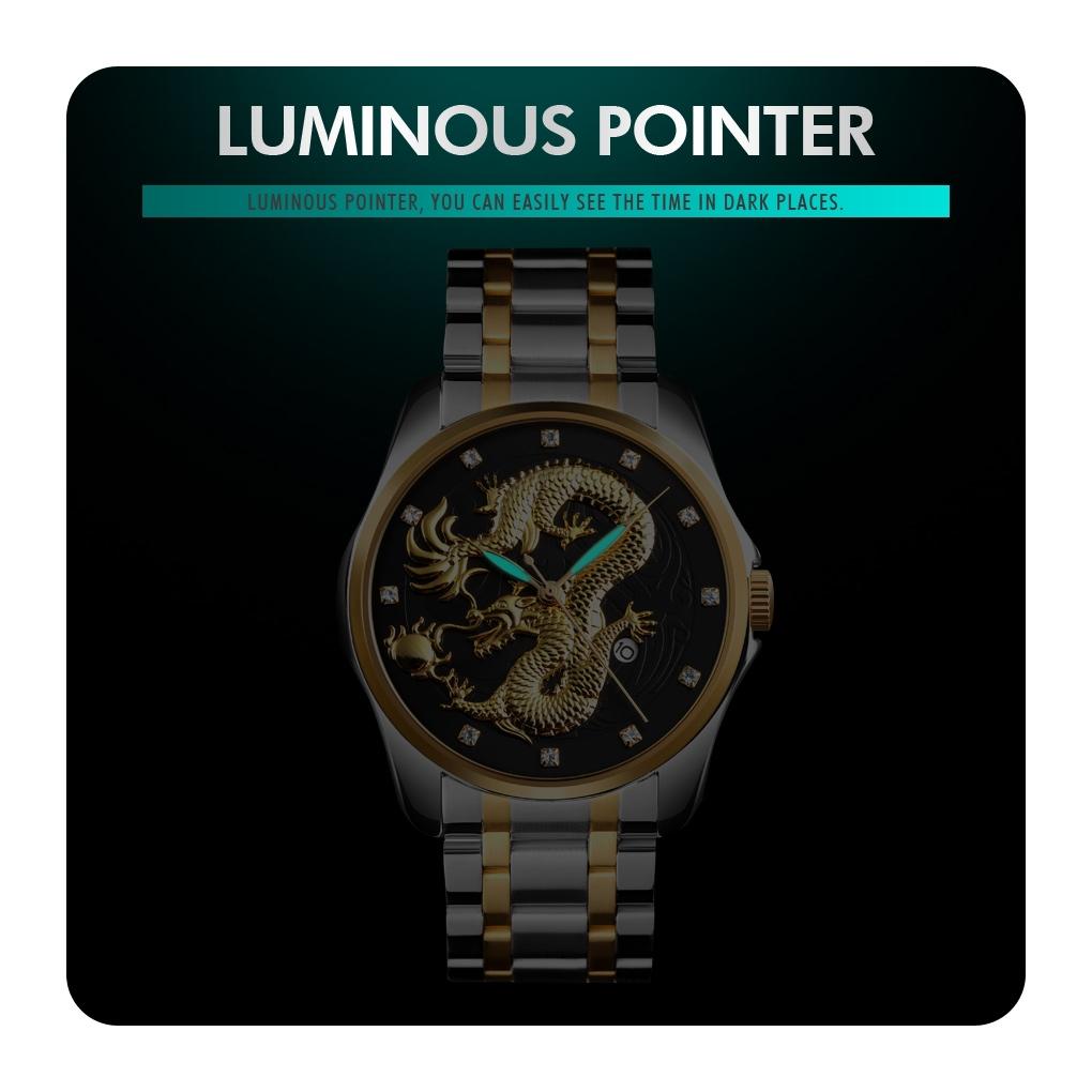 Men Golden Dragon Calendar Dial Quartz Watch with Luminous Hands - Gold Black 7