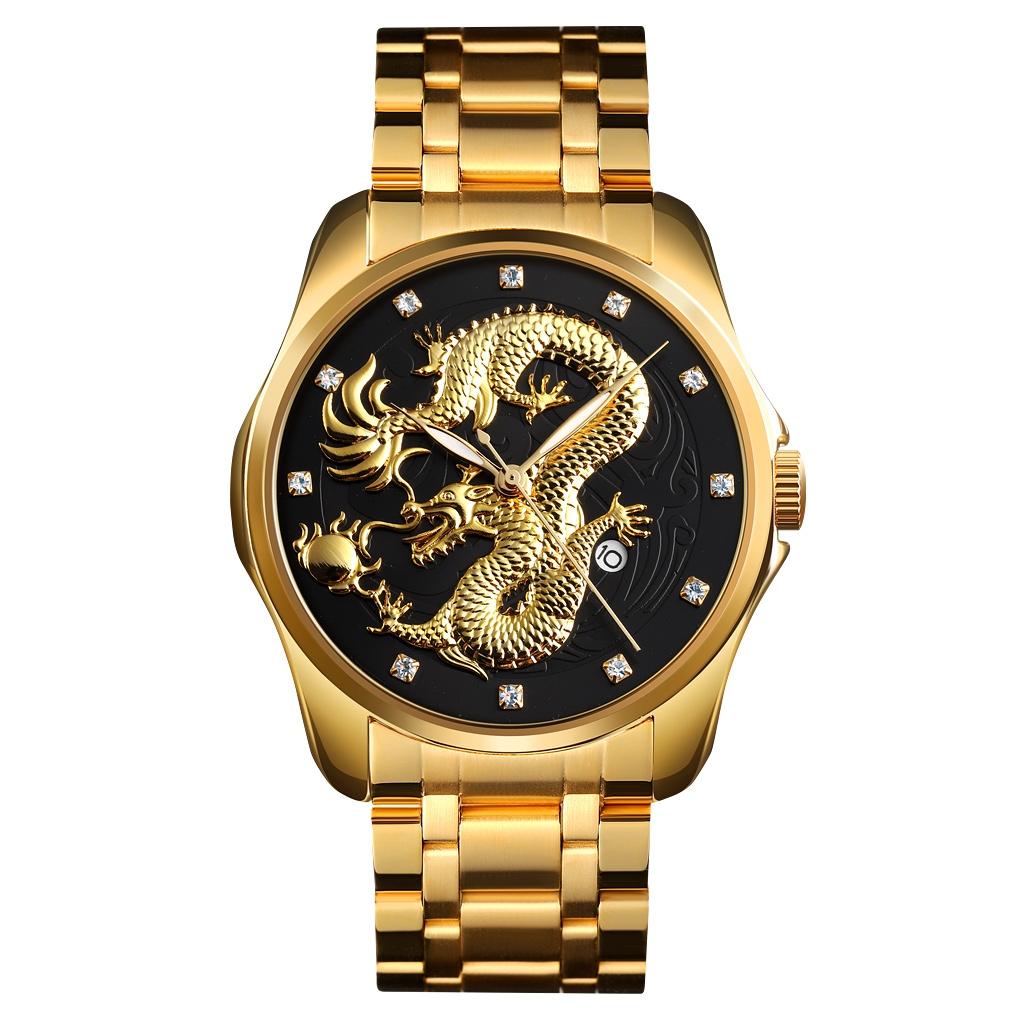 Men Golden Dragon Calendar Dial Quartz Watch with Luminous Hands - Gold Black 9