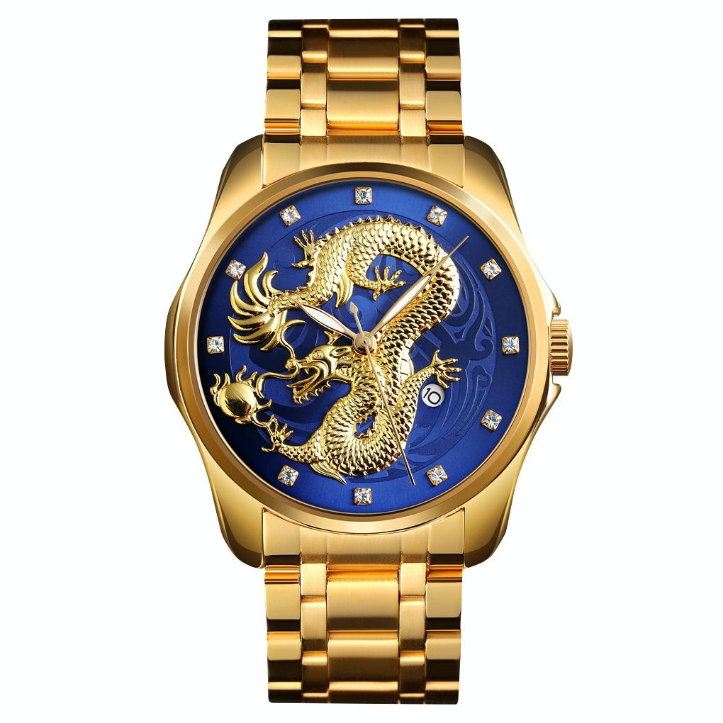 Men Golden Dragon Calendar Dial Quartz Watch with Luminous Hands - Gold Black 10