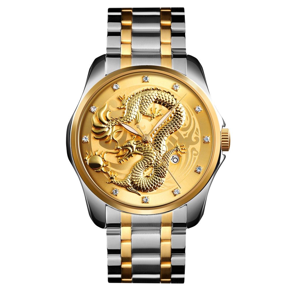Men Golden Dragon Calendar Dial Quartz Watch with Luminous Hands - Gold Black 13