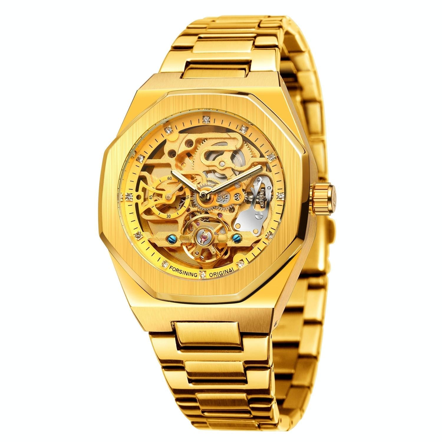 Men Automatic Mechanical Watch with Luminous Dial and Steel Band - Gold Belt White Face 4