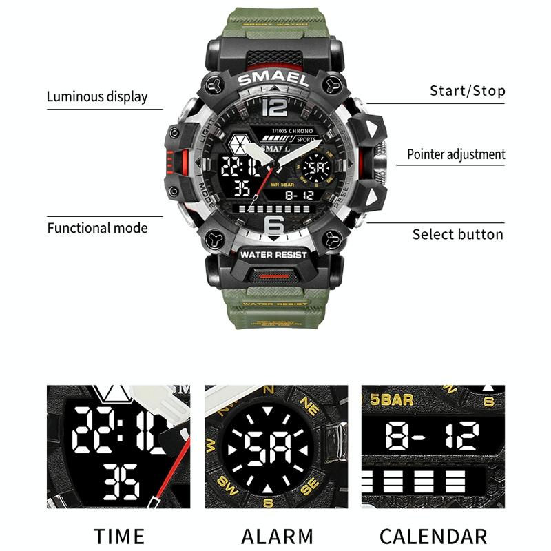 Waterproof Dual Display Outdoor Watch - Multifunctional Alloy for Men - Black White 4