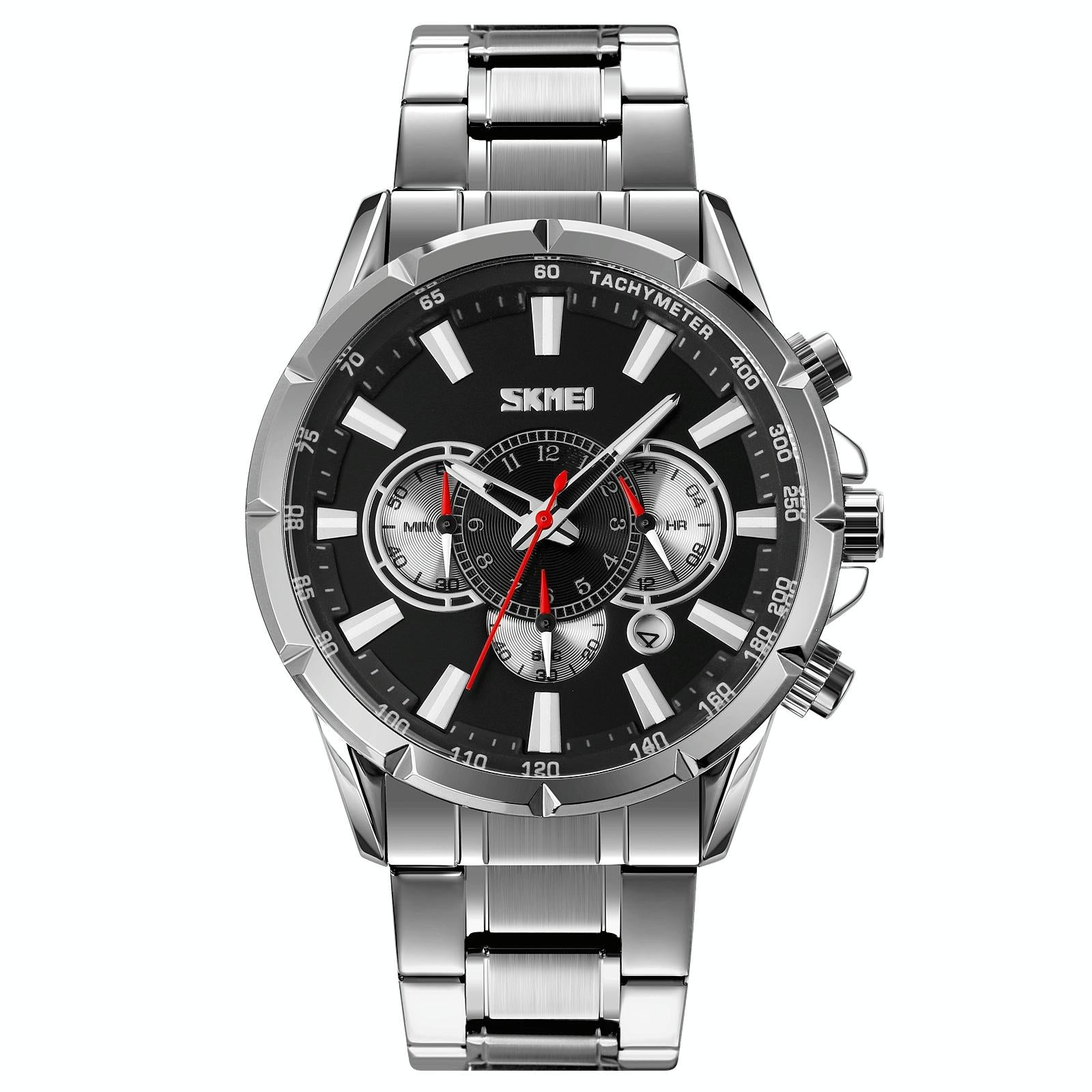 Stainless Steel Men Quartz Watch with Calendar - 9241 - Silver Black
