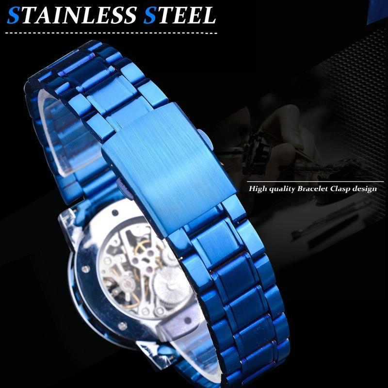 Men Skeleton Diamond Mechanical Watch - Luminous Pointer - Silver Belt Gold Shell White Face 4
