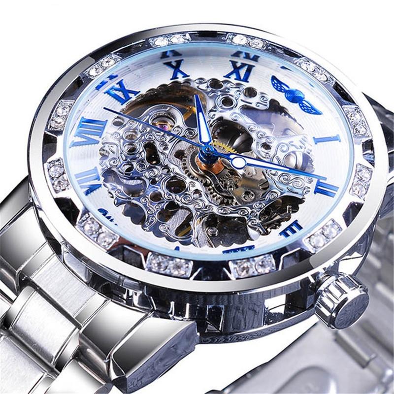 Men Skeleton Diamond Mechanical Watch - Luminous Pointer - Silver Belt Gold Shell White Face 7