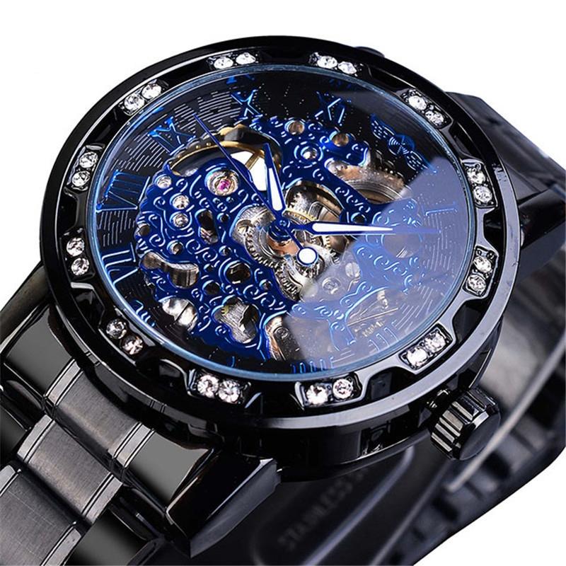 Men Skeleton Diamond Mechanical Watch - Luminous Pointer - Silver Belt Gold Shell White Face 9
