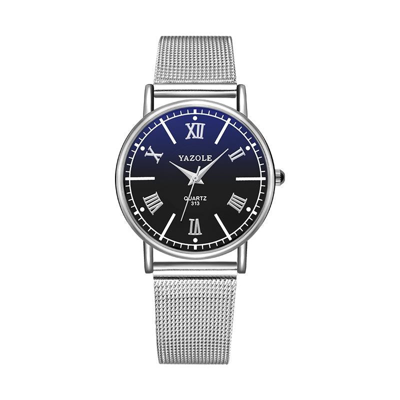 Women Business Quartz Watch with Roman Numeral Dial and Silver Net Belt - Black Tray