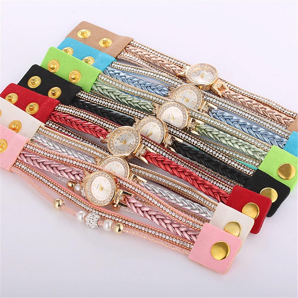 Women Beige Woven Pearl Bracelet Watch - Round Analog Quartz - Black 12