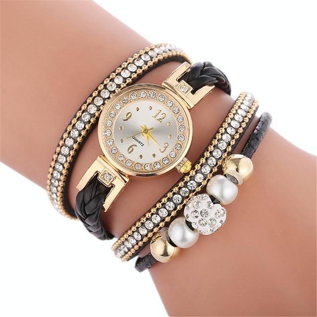 Women Beige Woven Pearl Bracelet Watch - Round Analog Quartz - Black 14