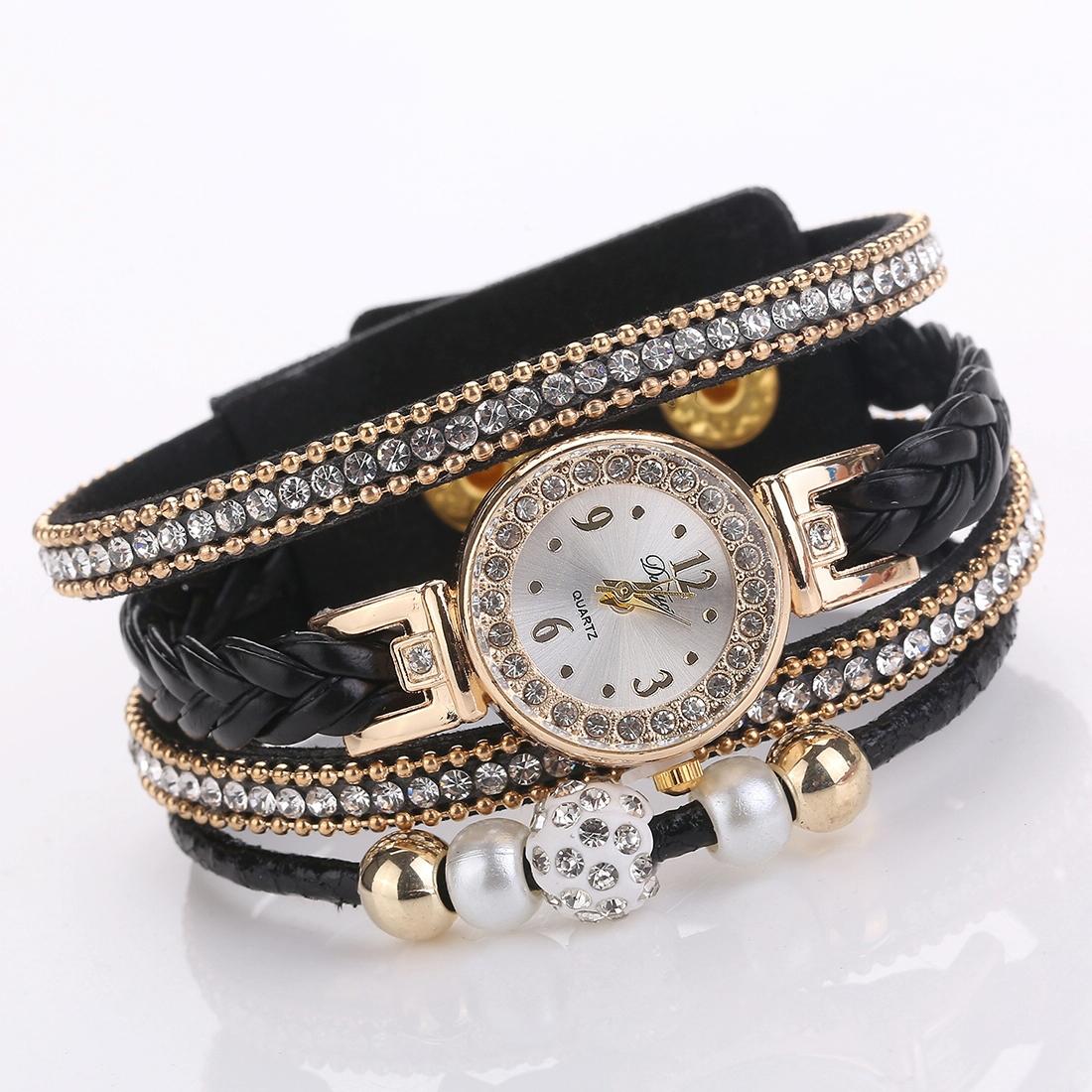 Women Beige Woven Pearl Bracelet Watch - Round Analog Quartz - Black 15