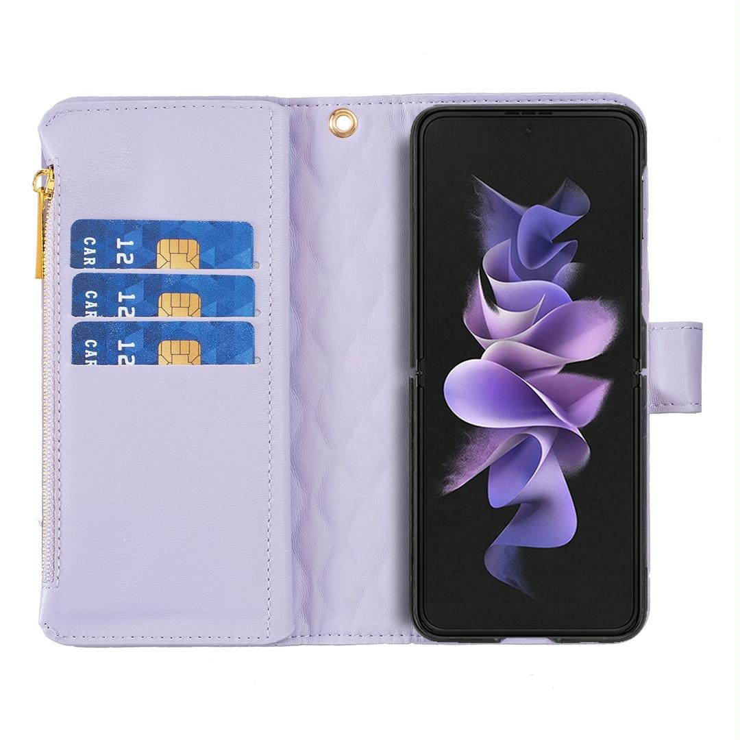 For Samsung Galaxy Z Fold4 5G Leather Zip Wallet - Diamond Lattice Design - White 11