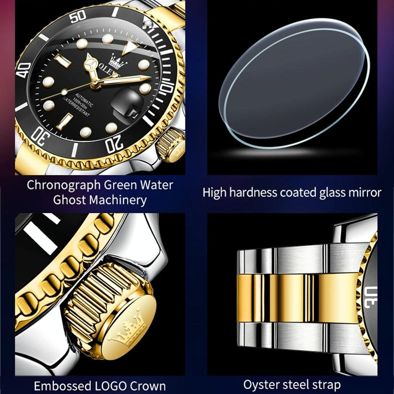 Waterproof Mechanical Watch for Men with Luminous Dial - Green + Gold 4