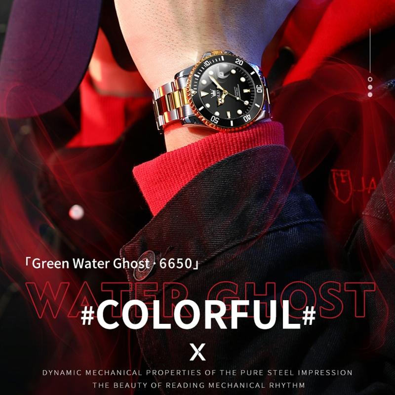 Waterproof Mechanical Watch for Men with Luminous Dial - Green + Gold 5