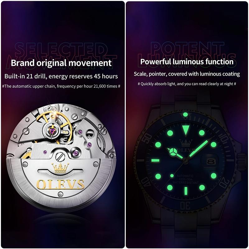 Waterproof Mechanical Watch for Men with Luminous Dial - Green + Gold 8