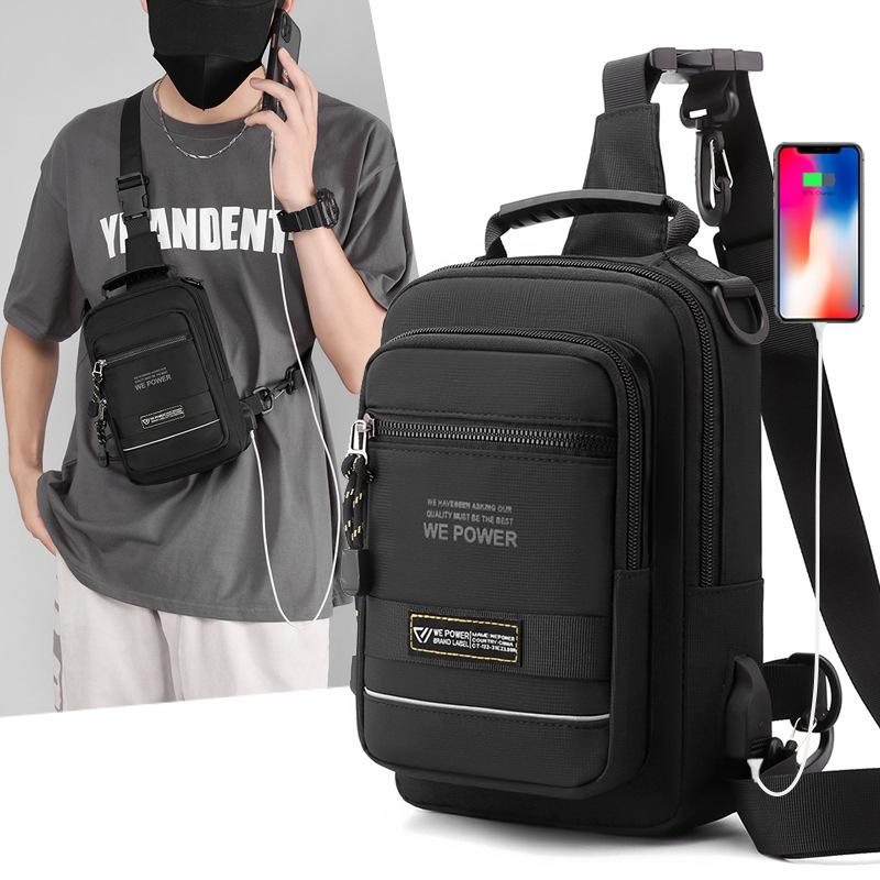 USB Chest Outdoor Shoulder Messenger Bag For Men With Charging Port - Grey Green 4