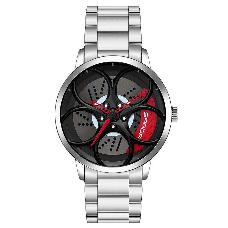 Men Steel Belt Quartz Watch with 3d Oval Hollow out Wheel - Silver Red