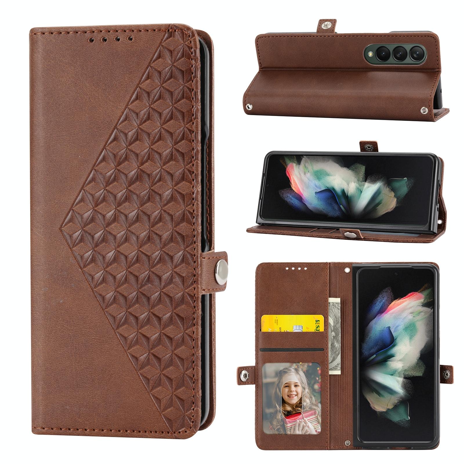 For Samsung Galaxy Z Fold4 5G Textured Leather Phone Case - Cubic Grid Design - Blue