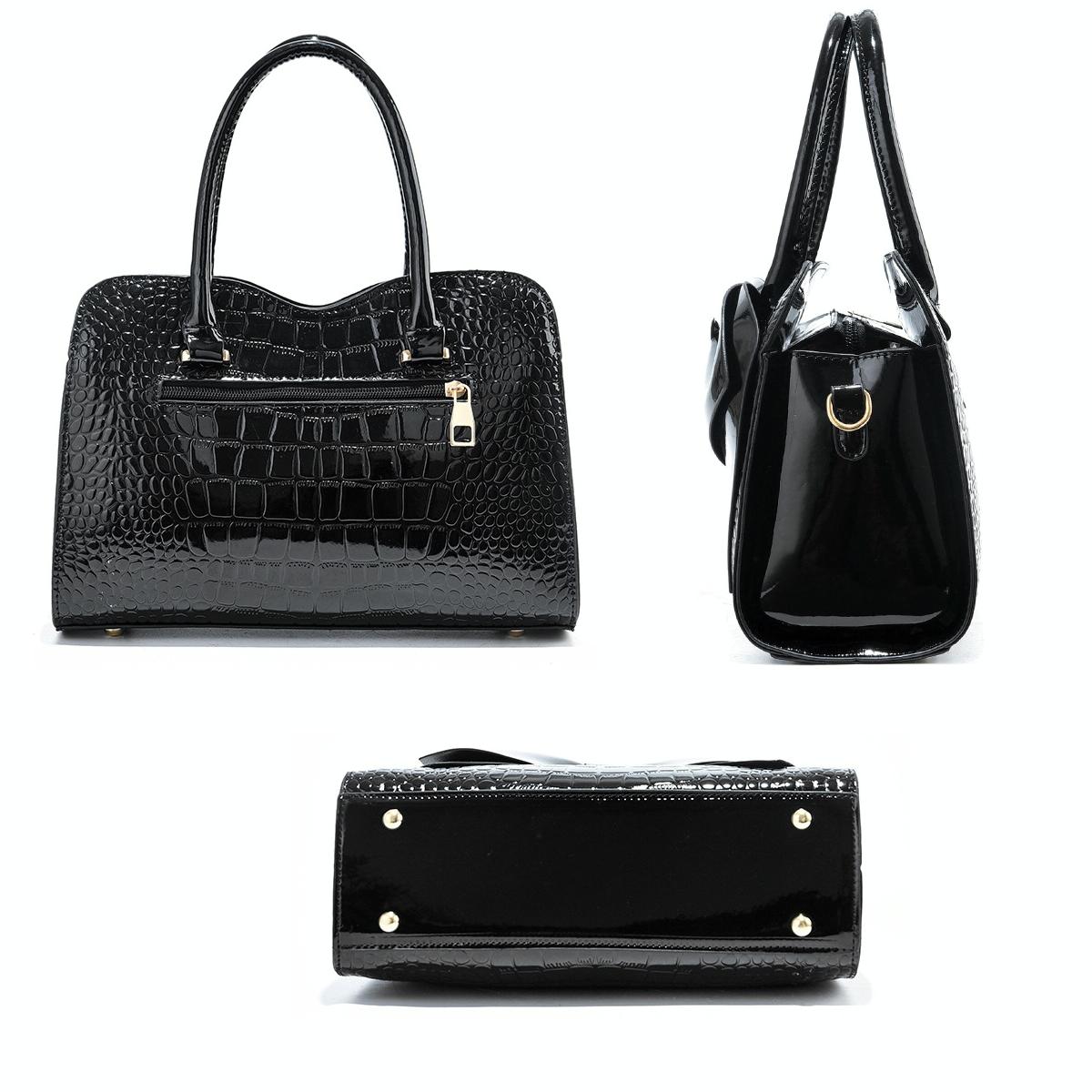 Leather Ladies Handbag - Bright Bow Design - Black 6