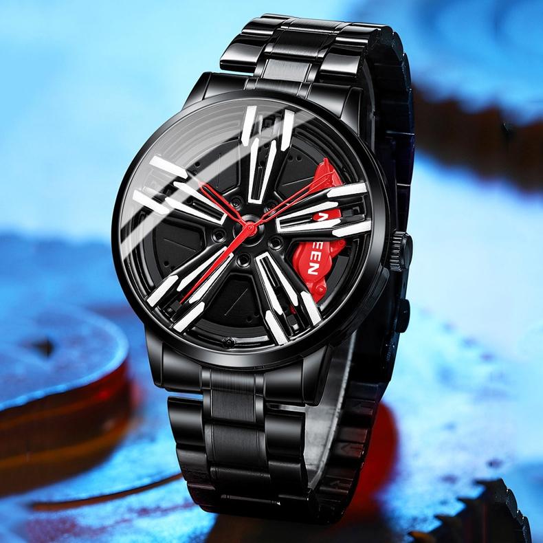 Men Metal Motorcycle Watch with Rotating Hub - Black Net Black Steel Red Surface 7