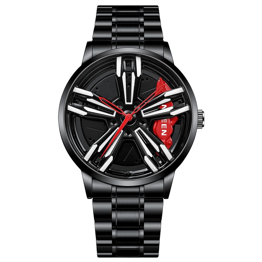 Men Metal Motorcycle Watch with Rotating Hub - Black Net Black Steel Red Surface 13