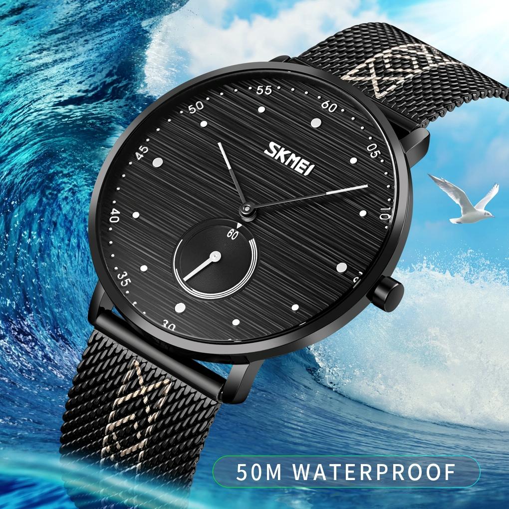 Men Striped Arabic Numeral Mesh Quartz Watch - Horizontal Design - Black 6