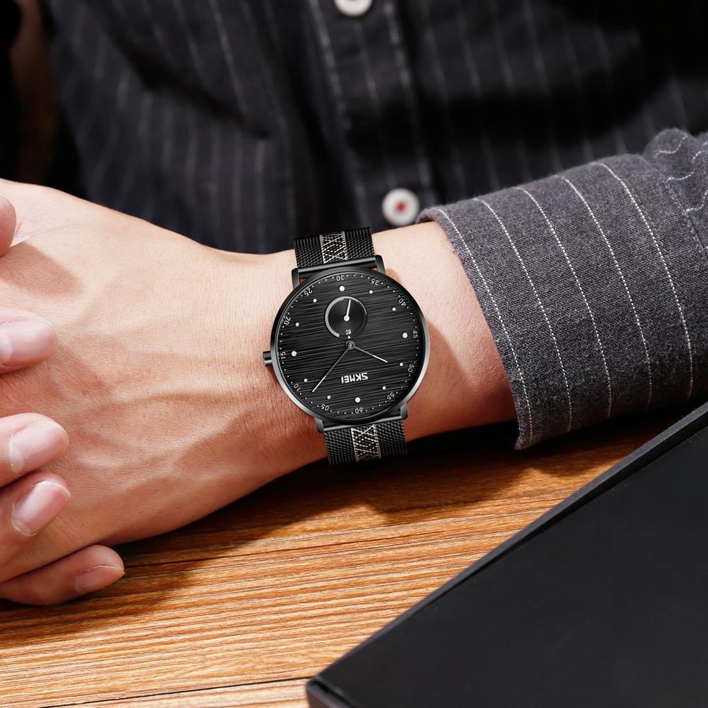 Men Striped Arabic Numeral Mesh Quartz Watch - Horizontal Design - Black 7