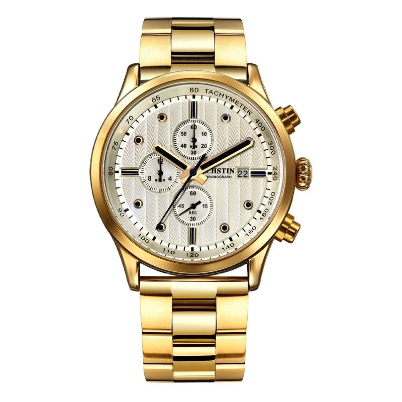 Stylish Multifunctional Men Quartz Watch with Steel Strap - Gold White