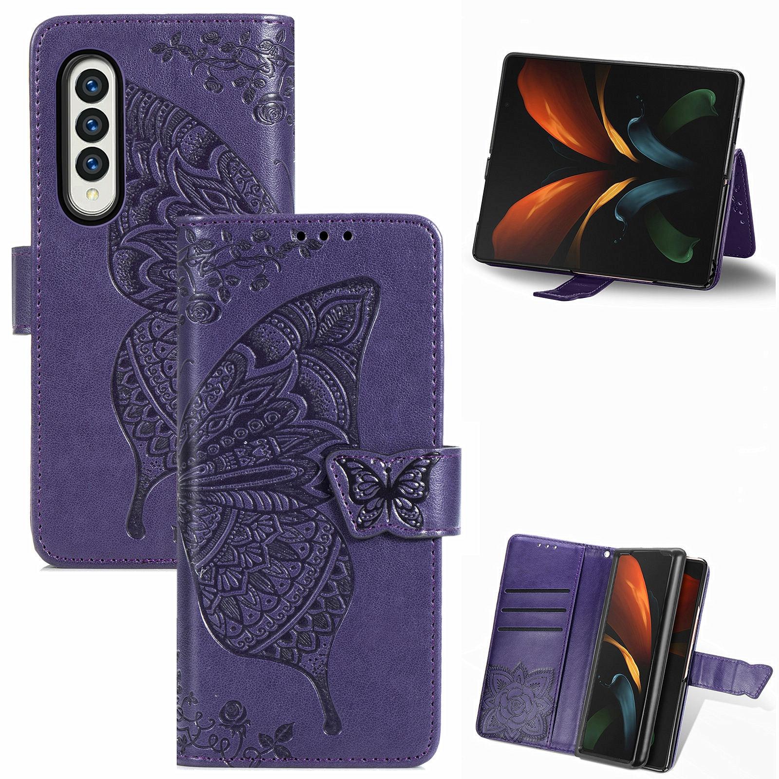 For Samsung Galaxy Z Fold4 5G Embossed Butterfly Love Leather Case - Flower Design - Dark Purple