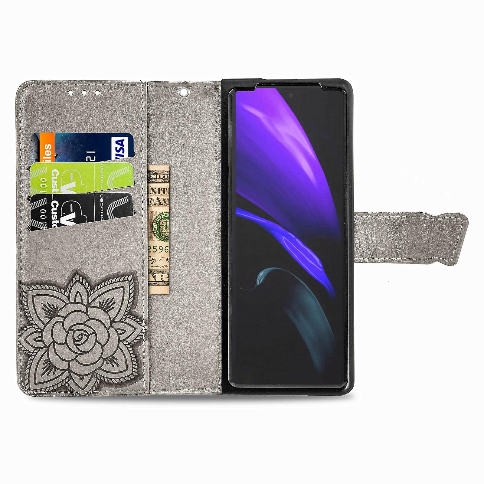 For Samsung Galaxy Z Fold4 5G Embossed Butterfly Love Leather Case - Flower Design - Dark Purple 4