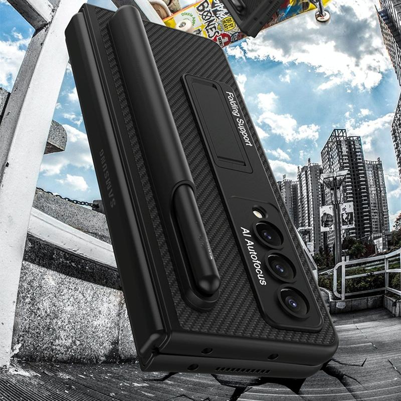 For Samsung Galaxy Z Fold4 5G Leather Case With Holder & Pen Slots - Thin & Shockproof - Carbon Fiber Texture 7