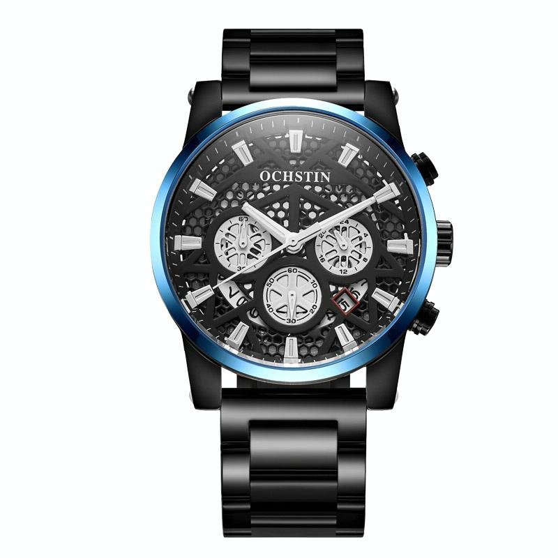 Waterproof Multifunctional Men Watch with Quartz Movement and Steel Strap - Black Blue 10