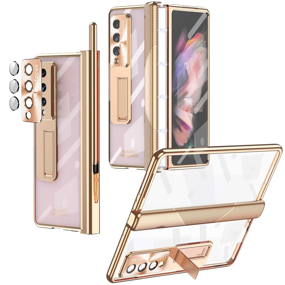 For Samsung Galaxy Z Fold4 5G Magnetic Phone Case With Holder - Plating Finish - Blue 14