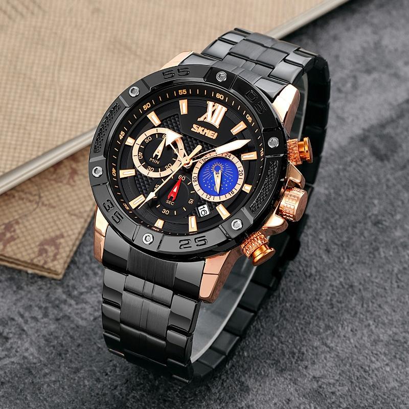 Stainless Steel Men Moonphase Quartz Watch with Strap - Silver 3