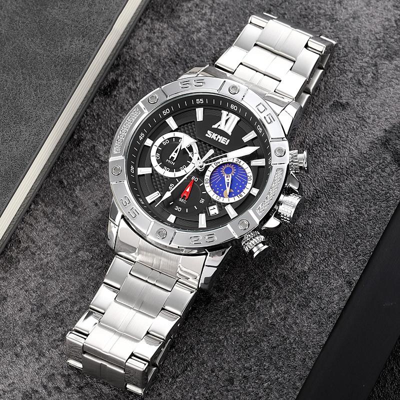 Stainless Steel Men Moonphase Quartz Watch with Strap - Silver 11