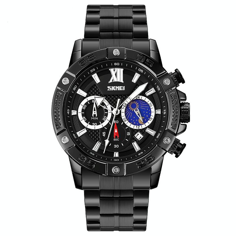 Stainless Steel Men Moonphase Quartz Watch with Strap - Silver 12