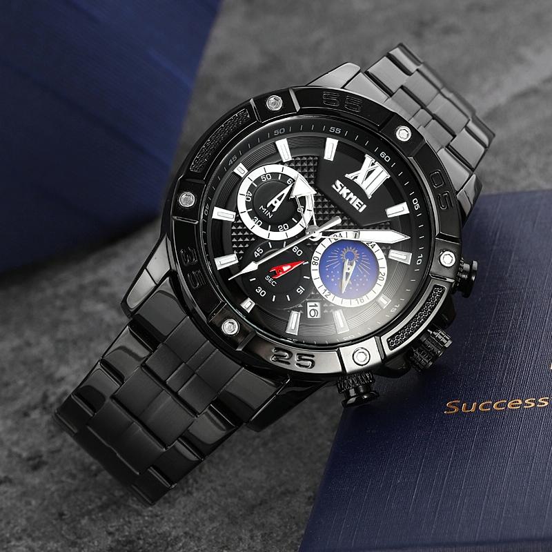Stainless Steel Men Moonphase Quartz Watch with Strap - Silver 13