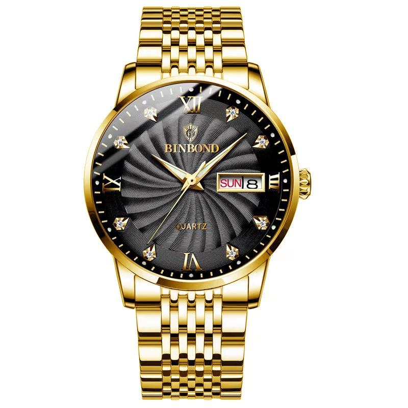 Waterproof Business Men Quartz Watch with Butterfly Buckle and Luminous Dial - 30m - Full-Gold-Black-Gold Nail