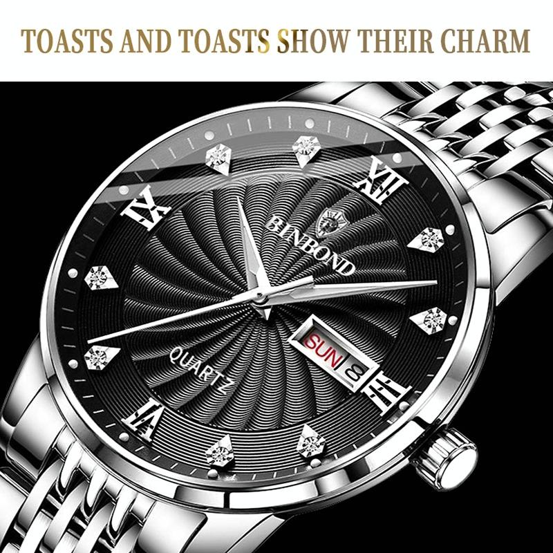 Waterproof Business Men Quartz Watch with Butterfly Buckle and Luminous Dial - 30m - Full-Gold-Black-Gold Nail 4