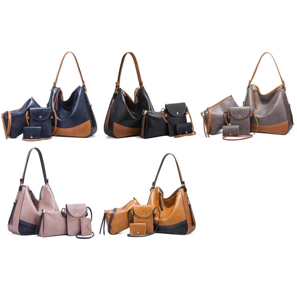 Large Capacity Diagonal Handbags - 4 in 1 Colour Block Leather Bags - Brown 3