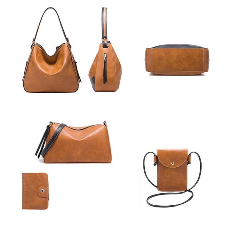Large Capacity Diagonal Handbags - 4 in 1 Colour Block Leather Bags - Brown 4