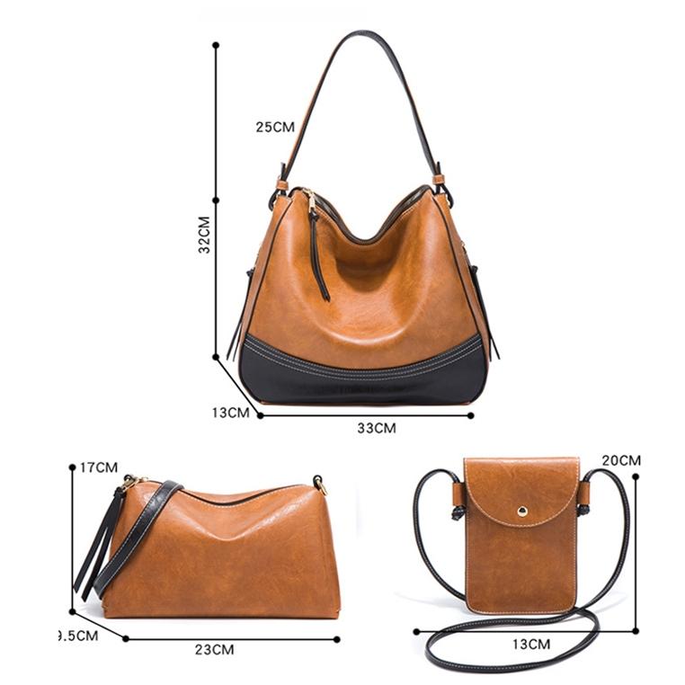 Large Capacity Diagonal Handbags - 4 in 1 Colour Block Leather Bags - Brown 5